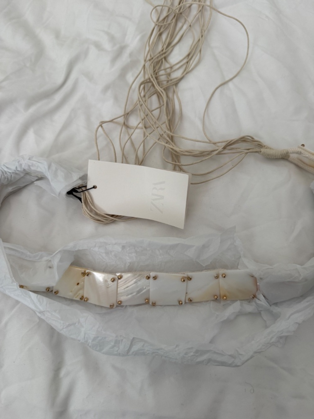 Zara natural shell belt   size : 32 US  -NWT -combination belt with cord and squ
